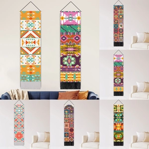 Bohemian Wall Hanging Tapestry Polyester Cotton Fabric Geometric Mandala With Wood Pole And Tassels For Home Decor