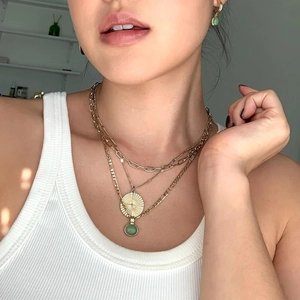 Layered 14K gold plated necklace with green aventurine stone pendant and matching earrings