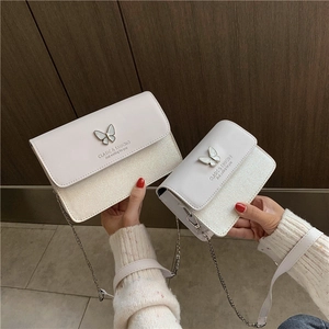 Women Butterfly Buckle Shoulder Bag PU Leather Sequins Splicing Chain Strap Elegant Crossbody Handbag