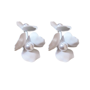 Elegant white floral earrings with matte petals and center pearl on clean white background