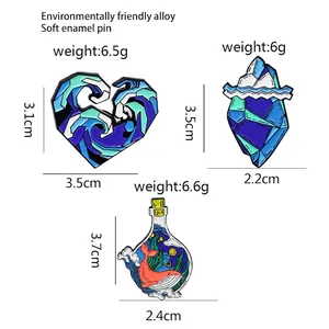 Whale in bottle and heart wave ocean themed creative alloy enamel brooch set
