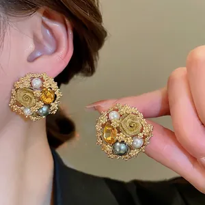 Vintage Baroque Flower Stud Earrings With Silver Earring Post Alloy Amber Rhinestone Artificial Pearl Luxury Jewelry For Women