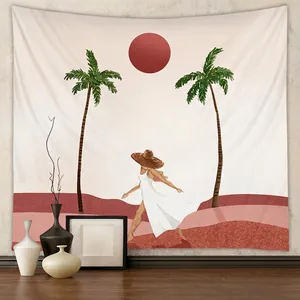 Bohemian Wall Tapestry Polyester Fabric Minimalist Illustration Beach Woman Palm Trees Red Sun Art Hanging Decor For Bedroom