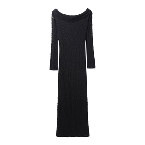 Elegant black lace midi dress with embroidery and off-shoulder neckline for women