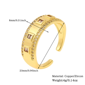 Detail shot of golden zircon ring showing dimensions 23mm diameter and 8mm width specs