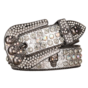 Western Y2K silver glitter leather belt with rhinestones and black metal skulls