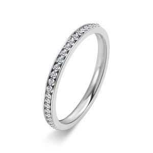 Macro view of silver stainless steel ring featuring eternity pavé set cubic zirconia stones