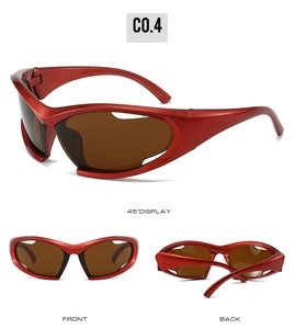 Three-angle view of metallic red Y2K sports sunglasses with wrap-around frame design
