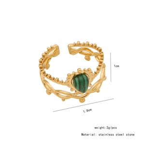 Detailed size view of vintage gold stainless steel heart ring with malachite stone