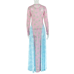 Detail of sheer mesh patchwork dress featuring pink lobster and blue bubble patterns