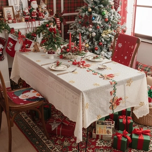 Christmas Tablecloth Polyester Lace Embroidered Rectangular Dining Table Cover Festive Santa Claus Bells Home Decoration