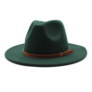 Classic dark green wool fedora hat featuring a brown leather band with metal rivet detail