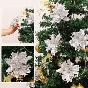 Detailed close-up of silver Christmas poinsettia with glitter petals for tree decoration