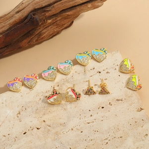 Retro Minimalist Heart Stud Earrings For Women Copper Colorful Enamel Triangle Zirconia Inlaid Gold Plated Fashion Jewelry