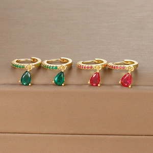 S925 silver geometric hoop earrings with pear-cut green and red crystals in gold finish