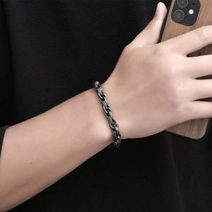 Vintage oxidized titanium steel chain bracelet for men with woven link texture design