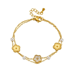 Double-layered 18K gold plated stainless steel chain bracelet with floral charms and pearls