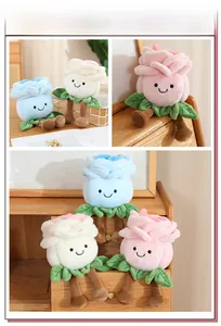 Close-up of cute plush rose dolls with embroidered expressions in pastel colors