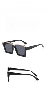 Three views of black square frame sunglasses with gold accents and high-quality finish