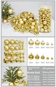 Detailed set of 89 gold Christmas balls in matte and glossy finishes from 3cm to 8cm