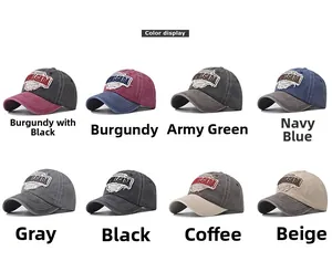 Detailed grid of vintage washed cotton baseball caps with embroidered patches in 8 colors
