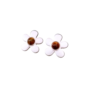 Silver flower stud earrings with brown gemstone center and matte metallic petals