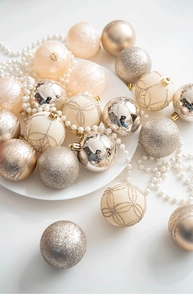 Close-up of champagne and silver Christmas balls with glitter and embossed patterns