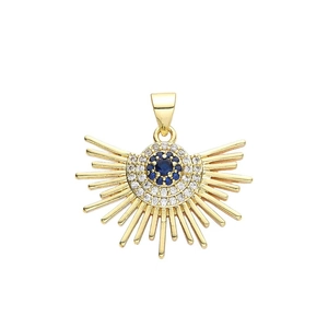 Macro detail of 18k gold plated evil eye pendant with blue stone and zircon inlay