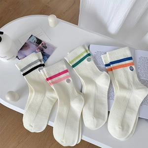 Women Cotton Crew Socks Striped Mid Calf Smile Face Embroidery Sporty Preppy Korean Style Soft Breathable Hosiery