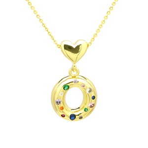 Detail view of gold heart necklace with a rainbow gemstone-encrusted round charm pendant