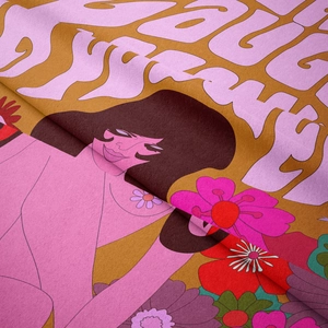 Macro detail of retro 70s pop art fabric with floral patterns and soft plush texture