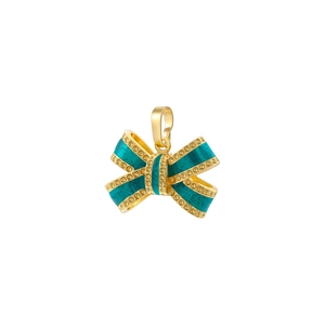 Macro shot of teal enamel bow pendant with small crystals on gold metal plating
