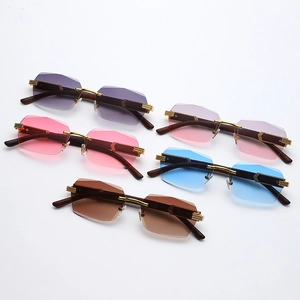 Rimless square sunglasses with wood grain temples and metal bridge in five assorted colors