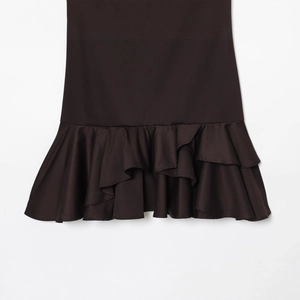 Chic dark brown tiered ruffle mini dress with layered hem details on white background