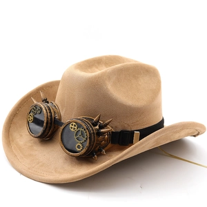 Detail of steampunk cowboy hat with gold gears and spiked goggles on tan suede