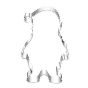 Close-up of stainless steel Santa Claus cookie cutter with polished metallic edges