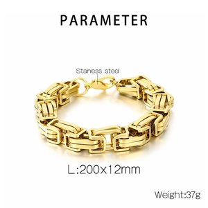 Technical specs of a 12mm gold Byzantine stainless steel chain bracelet with weight details