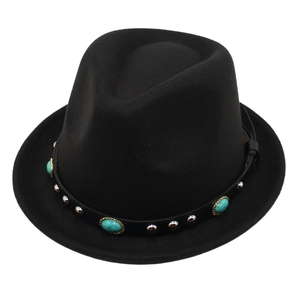 Black wool felt jazz hat with bohemian turquoise band and metallic rivet details