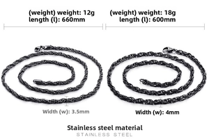 Detail view of black stainless steel rope chain and curb chain with specific dimensions