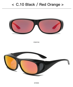 Dual-view display of black wrap-around fitover sunglasses with red orange mirror lenses