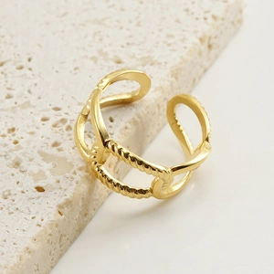 18K gold plated stainless steel open ring with twisted rope texture and hollow design