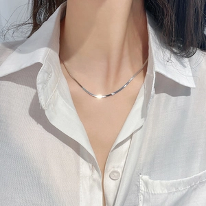 Collar minimalista de cadena de serpiente en acero de titanio plateado sobre modelo