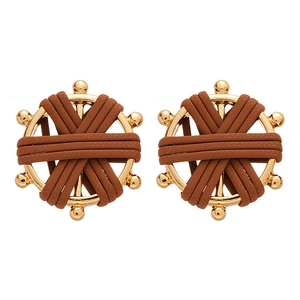 Vintage woven faux leather compass earrings with golden frame and brown rope details