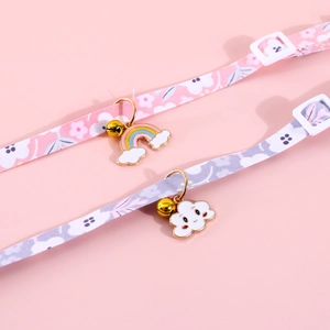 Adjustable floral pet collar with rainbow cloud pendant and bell for cats and small dogs