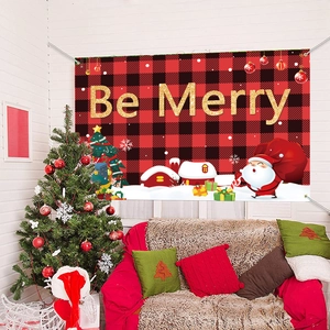 Red and black buffalo plaid Christmas banner with Be Merry text and Santa Claus illustration