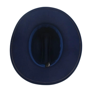 Top view of deep blue wide brim felt hat showing the interior lining and inner label