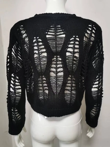 Detail of artistic hollowed-out knit texture on back of black cropped sweater