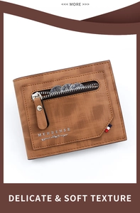Detail of brown men's wallet showing matte fabric texture and side zipper coin pocket