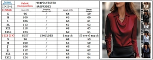 Detailed size chart for printed cowl neck blouse with fabric specs and measurements