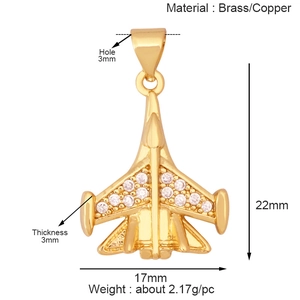 Golden brass fighter jet airplane pendant with sparkling zircon inlays for DIY necklaces
